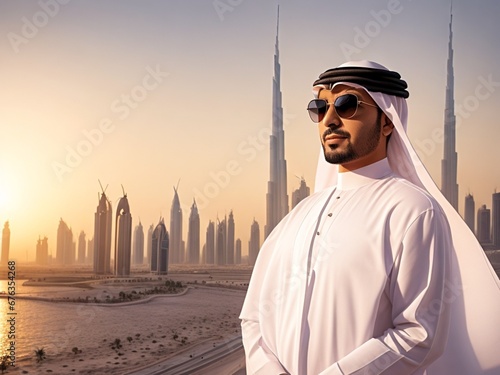 Arab businessman with sunglasses in Dubai background at sunset photo