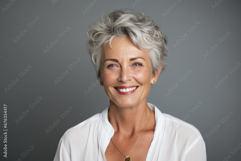 Mature woman with a beautiful smile and happy face. Adult aged woman with healthy and smooth skin. Cosmetics and beauty skincare. Generative AI Mature woman with a beautiful smile and happy face. Adult aged woman with healthy and smooth skin. Cosmetics and beauty skincare. Generative AI