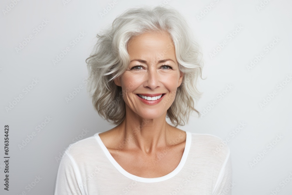 Mature woman with a beautiful smile and happy face. Adult aged woman with healthy and smooth skin. Cosmetics and beauty skincare. Generative AI Mature woman with a beautiful smile and happy face. Adult aged woman with healthy and smooth skin. Cosmetics and beauty skincare. Generative AI