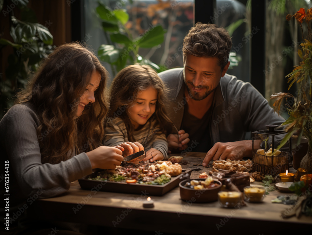 A heartwarming photo portrays a young and beautiful family—father, mother, and daughter—gathered around a table, joyfully preparing a meal. With winter-inspired, warm hues, they share a collective gaz
