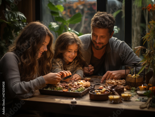 A heartwarming photo portrays a young and beautiful family   father  mother  and daughter   gathered around a table  joyfully preparing a meal. With winter-inspired  warm hues  they share a collective gaz