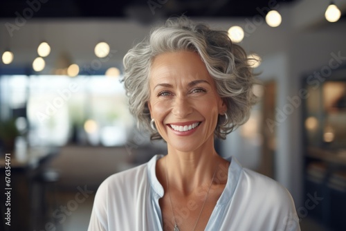Mature woman with a beautiful smile and happy face. Adult aged woman with healthy and smooth skin. Cosmetics and beauty skincare. Generative AI
