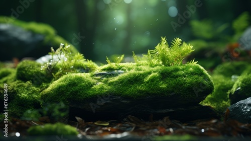 A stone was covered with green moss in the forest. Wildlife landscape. Beautiful, bright green moss Product presentation display mockup natural light- For product display montage of your products.