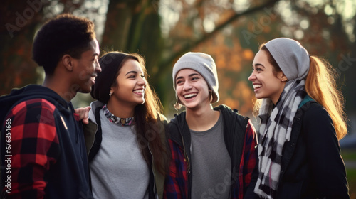 Four joyful teens laugh together in an autumn park, embodying friendship and diversity..