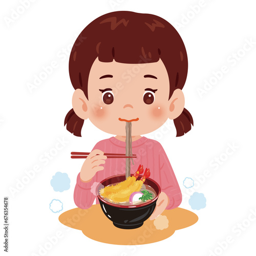 海老天蕎麦を食べる女の子