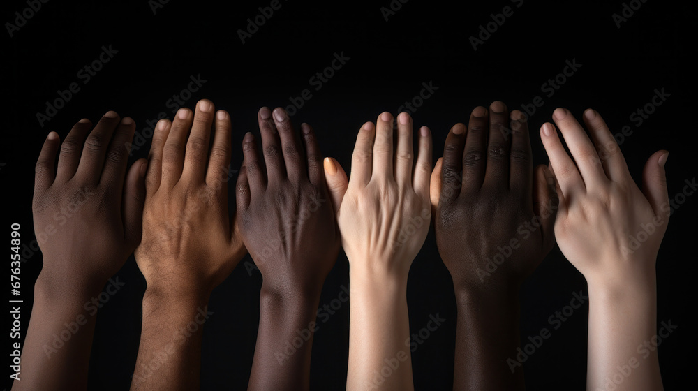 Diverse hands raised in solidarity on a dark background, representing unity and cooperation.. Diverse hands raised in solidarity on a dark background, representing unity and cooperation..