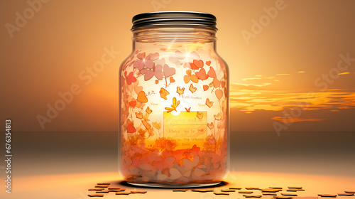 glass of water on sunset, Magic lights with sparkles and orange glow in vintage glass jars lights and old books, There is a glass jar with a candle inside 