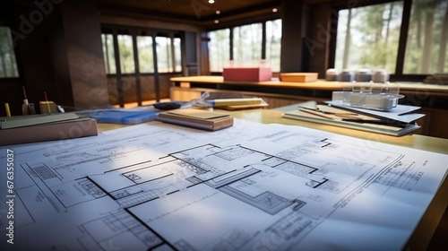 Architectural blueprints spread on a table in a well-lit workspace with a forest view..