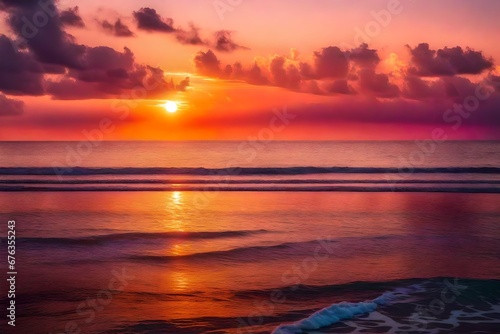 Photo of sunset over a calm ocean  with hues of orange  pink  and purple painting the sky