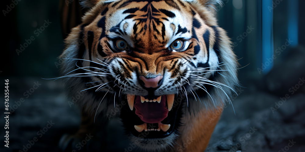 Jungle Fury: Angry Tiger with Sharp Teeth,Untamed Majesty: Fierce Bengal Tiger,close up of a tiger,AI Generative 