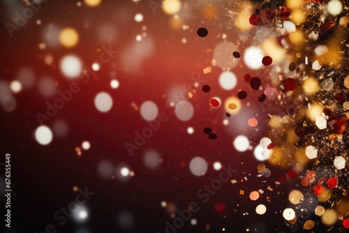 Abstract festive red bokeh background of defocused golden sparkle confetti