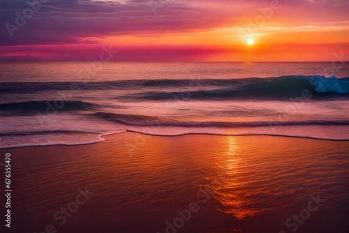 Photo of sunset over a calm ocean, with hues of orange, pink, and purple painting the sky