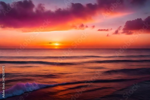 Photo of sunset over a calm ocean, with hues of orange, pink, and purple painting the sky © usman
