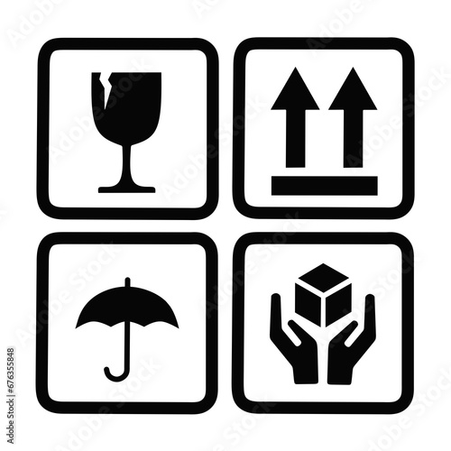 Fragile Packing and Shipping icon set. Cardboard Box Cargo Warning Icon set