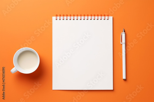 Blank notepad white pen and cup of milk coffee latte on minimal orange background top view. Office stationary concept