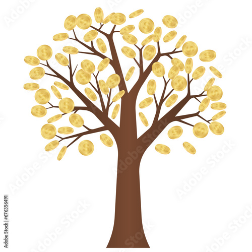 Money Tree with Golden Coins. Business Profit Growing with Passive Income. Growing Money  Saving and Investment Concept. 