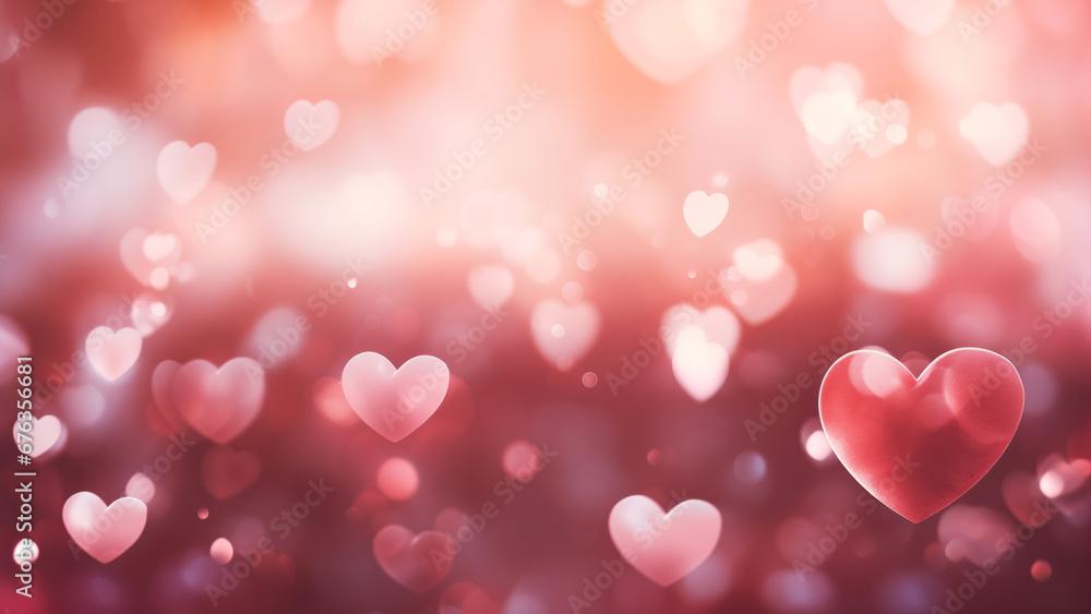 Festive holiday banner with bokeh floating hearts in pink and red colours with empty copy space for text on abstract background. Saint Valentine's Day concept
