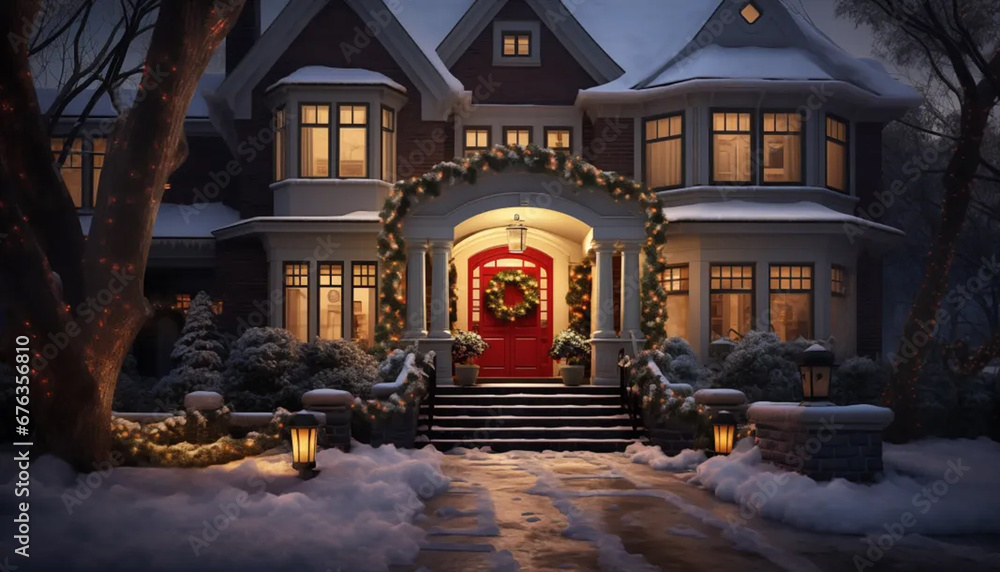 A stunning American home during the Christmas season, adorned with festive decorations and bathed in a gentle layer of snow. The warm glow from within adds a cozy touch to this picturesque winter scen