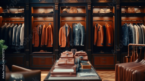 Clothing boutique with luxury male wardrobe full of expensive suits. © tong2530