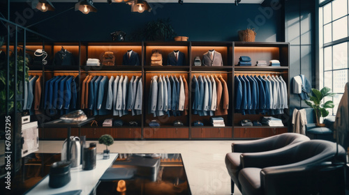 Clothing boutique with luxury male wardrobe full of expensive suits. photo