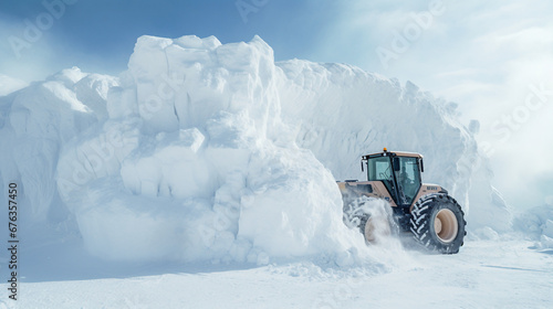 a winter service tractor drives through snow, an snow-doser is pushing huge amount of snow, machinery against ice photo