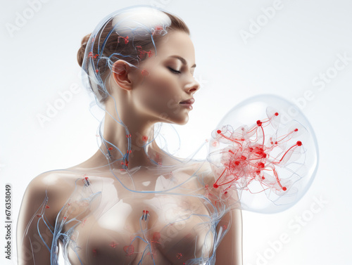 Transparent female upper body, development of breast cancer, diagnosis, early detection, AI generated