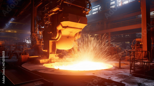 Foundry ladle pouring molten metal in steel industry factory.