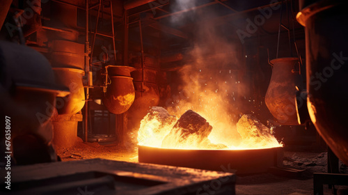 Foundry ladle pouring molten metal in steel industry factory.