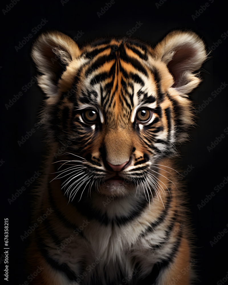 Fototapeta premium portrait of a cute baby tiger cub with piercingn eyes.