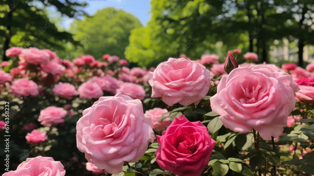 A breathtaking garden filled with vibrant pink roses. The photograph captures the intricate beauty of individual roses, showcasing their delicate petals and enchanting hues up close. A breathtaking garden filled with vibrant pink roses. The photograph captures the intricate beauty of individual roses, showcasing their delicate petals and enchanting hues up close.