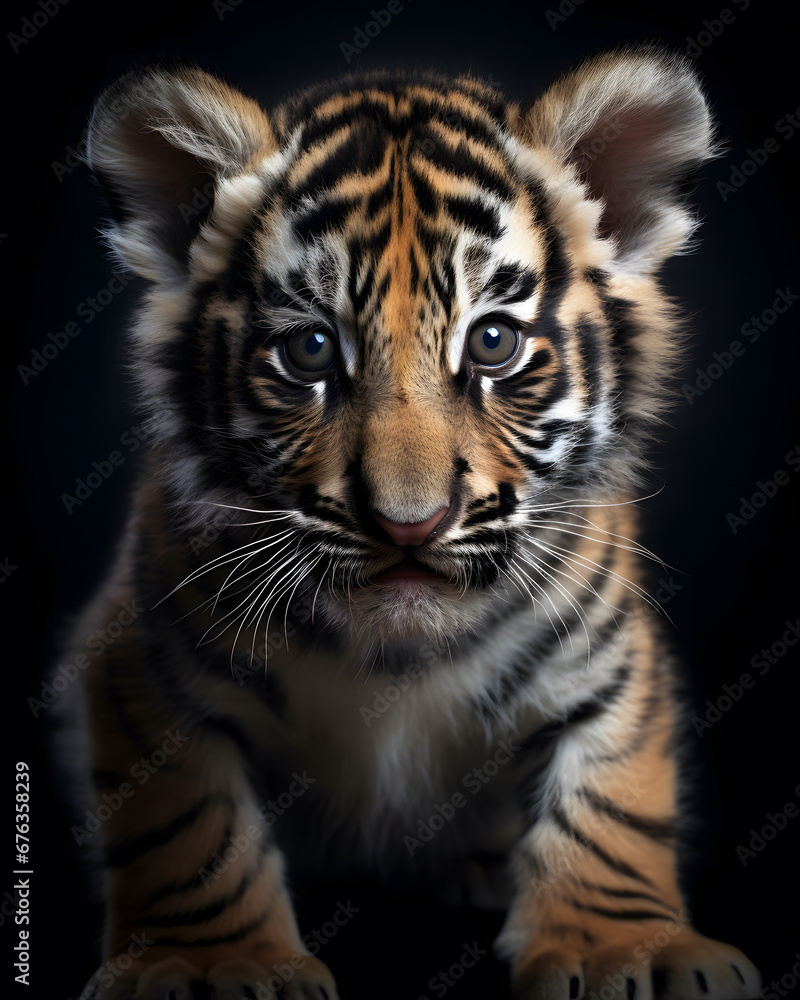 portrait of a cute baby tiger cub  with piercingn eyes.