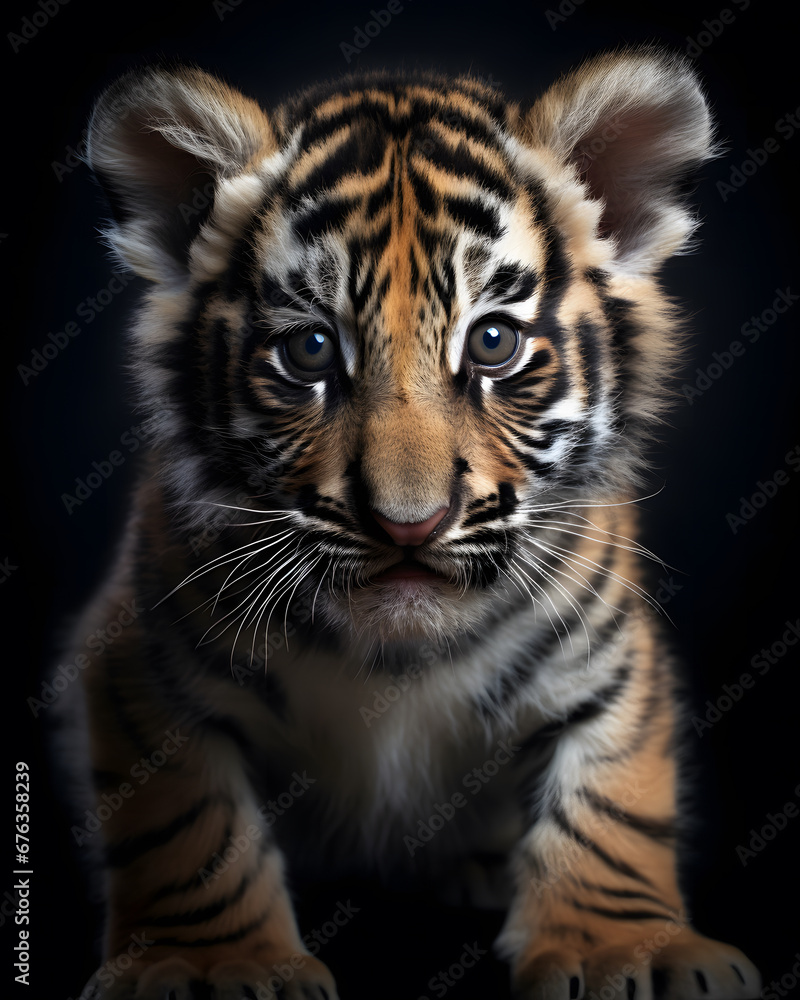 Fototapeta premium portrait of a cute baby tiger cub with piercingn eyes.