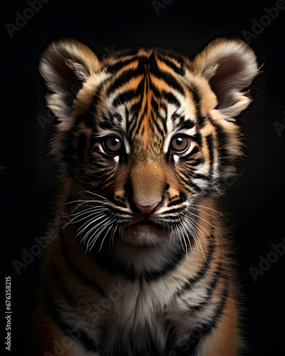 portrait of a cute baby tiger cub with piercingn eyes.