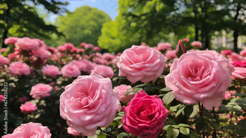 A breathtaking garden filled with vibrant pink roses. The photograph captures the intricate beauty of individual roses  showcasing their delicate petals and enchanting hues up close.