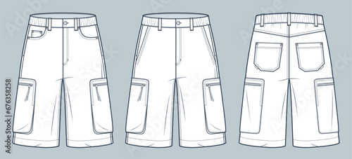 Cargo Shorts technical fashion illustration. Denim Short Pants fashion flat technical drawing template, elastic waistband, pockets, front, back view, white, women, men, unisex CAD mockup set.