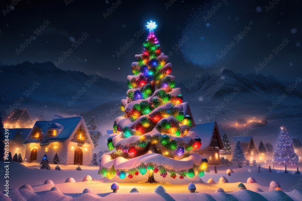 Village at night. Christmas or New Year tree with lights and decorations in the center. Greeting card. Generative AI