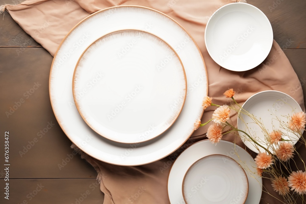 clean ceramic plates with floral decor on wooden table, top view clean ceramic plates with floral decor on wooden table, top view