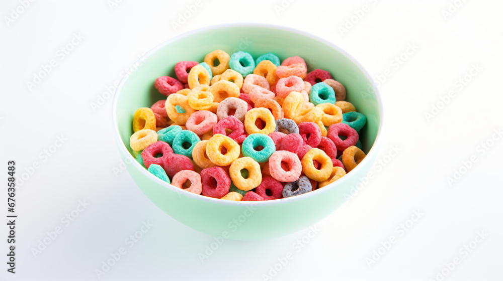 A bowl full of breakfast cereals on a plain background