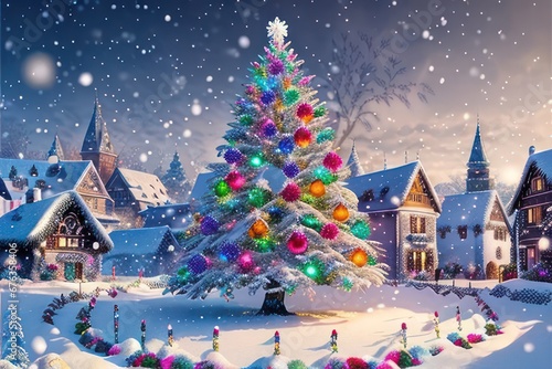 Village at night. Christmas tree with lights and decorations in the center. Greeting card. Generative AI © Vitaliy