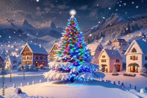 Village at night. Christmas tree with lights and decorations in the center. Greeting card. Generative AI