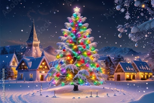 Village at night. Christmas tree with lights and decorations in the center. Greeting card. Generative AI
