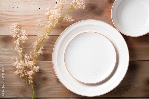 clean ceramic plates with floral decor on wooden table  top view
