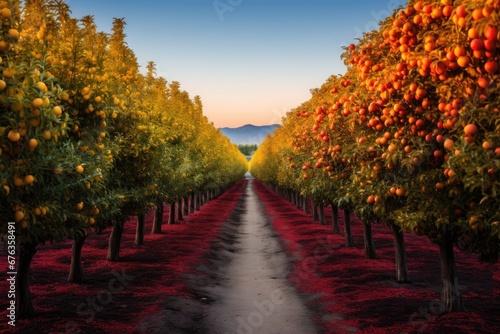 Colorful rows of fruit trees