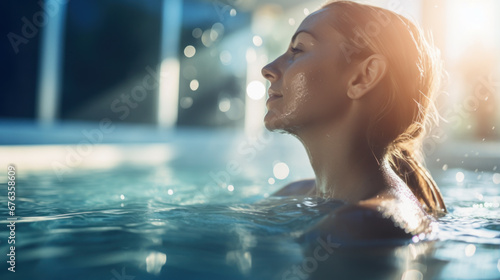 woman taking a bath and relaxing in jacuzzi or swimming pool water photo
