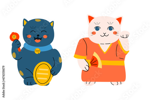cute asian kitten in kimono set of cat maneki neko
