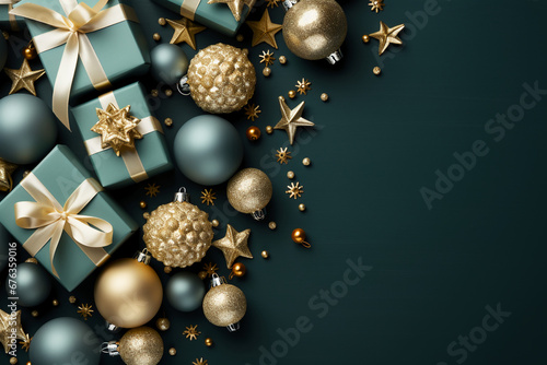 Top view Banner with Christmas white gift boxes and golden decorations on green background with copy space