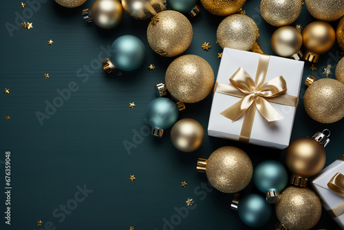 Top view Banner with Christmas white gift boxes and golden decorations on green background with copy space