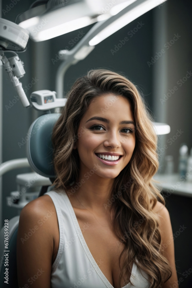 A smiling young woman in a dental chair. Examination by the dentist or cosmetic procedure (skin cleaning) A smiling young woman in a dental chair. Examination by the dentist or cosmetic procedure (skin cleaning)