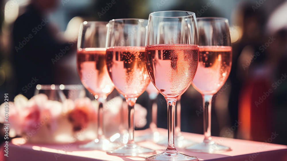 There are many glasses of pink champagne on the table.
