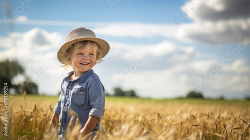 small happy boy in wheat field